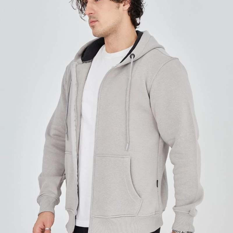Tam Fermuarlı Kapşonlu  SweatShirt - Boyalı Gri